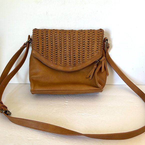 Sasha & Sofi Tan Crossbody Purse Adjustable Strap Weaved Foldover Flap - Picture 2 of 8